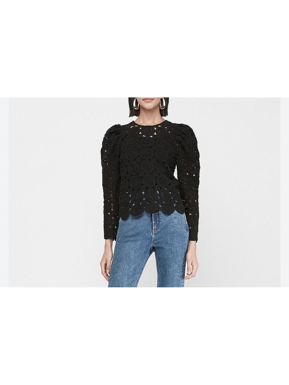 Zara Express Crochet Lace Puff Long Sleeve Top Size XS Black NEW $70Retail Boho